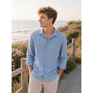 Hollister Mens Light Blue Linen Blend Long Sleeve Button Down Shirt XS